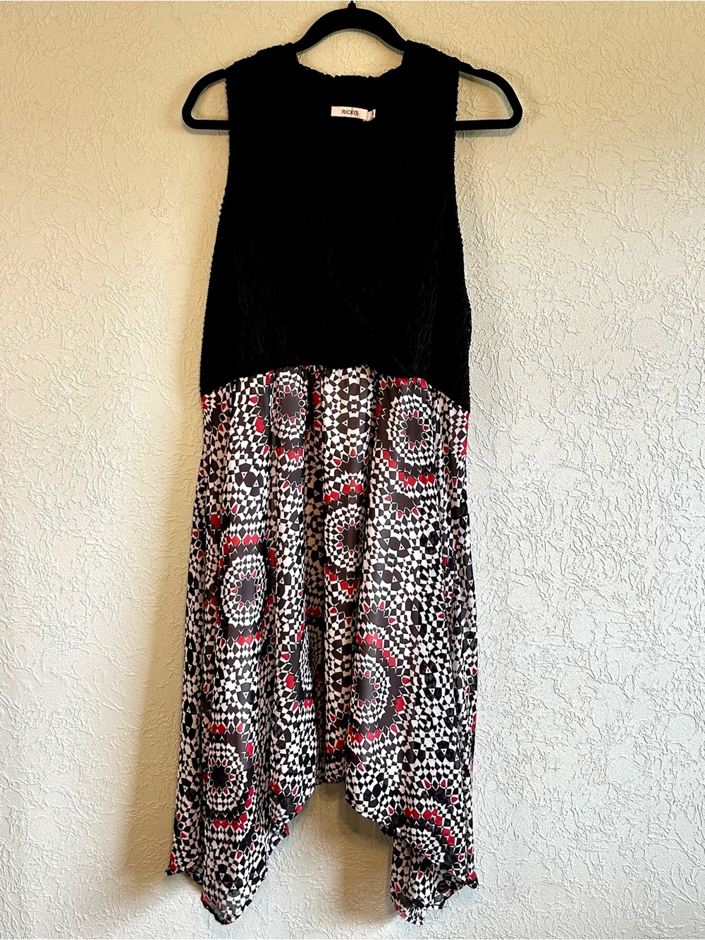 Ricki’s Size 18 Black Lace Geometric Midi handkerchief Dress